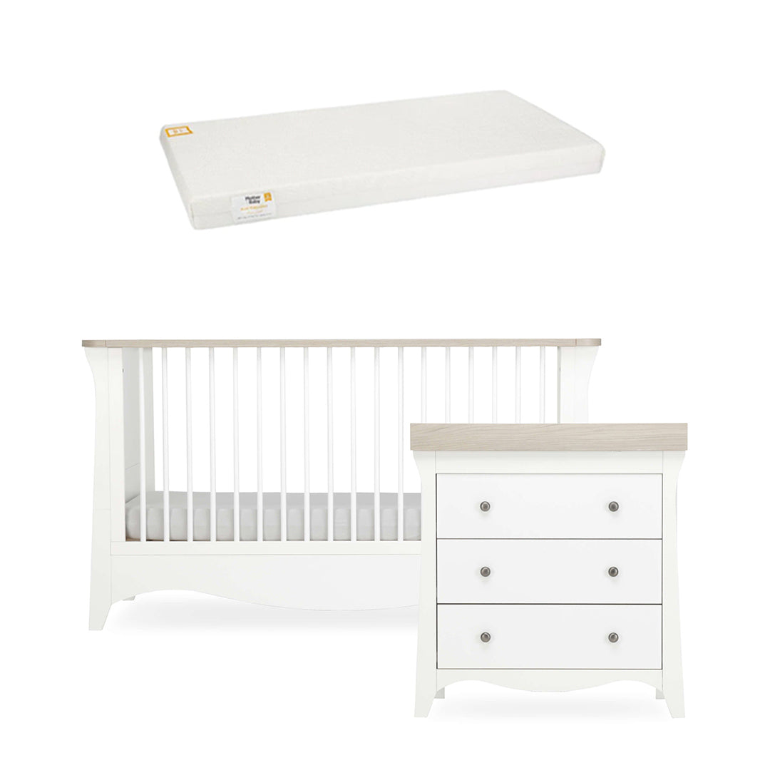 CuddleCo Clara 2 Piece Set 3-Drawer Dresser + Cot Bed  - White/Ash