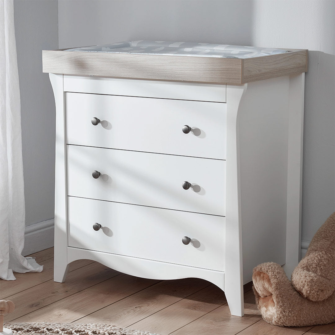 CuddleCo Clara 3 Piece Set 3-Drawer Dresser Cot Bed + Wardrobe - White/Ash