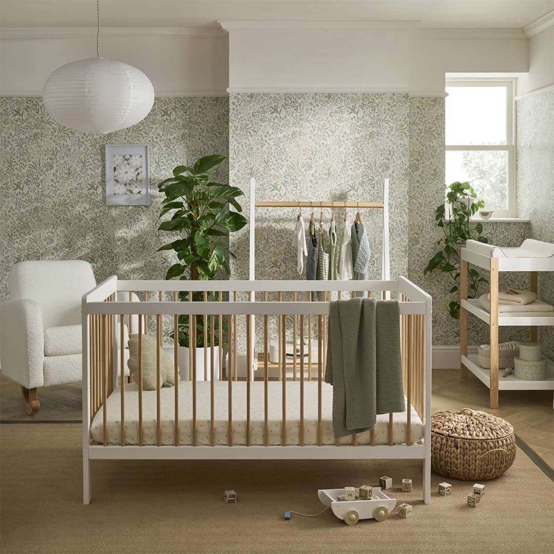 CuddleCo Nola 3 Piece Set Changer, Cot Bed + Clothes Rail - White/Natural-Nursery Sets- | Natural Baby Shower