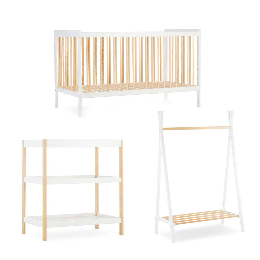 CuddleCo Nola 3 Piece Set Changer, Cot Bed + Clothes Rail - White/Natural-Nursery Sets-White/Natural-No Mattress | Natural Baby Shower
