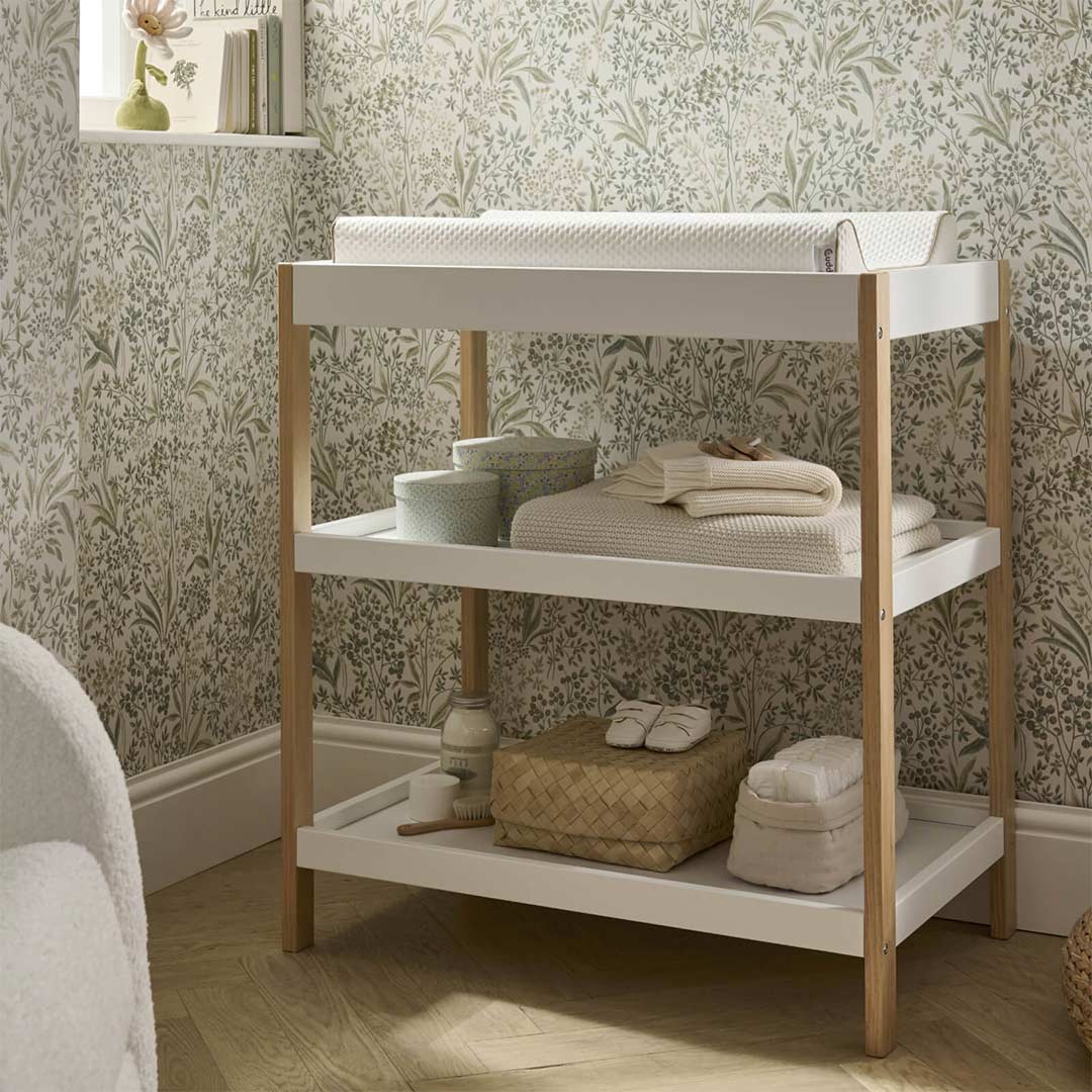 CuddleCo Nola 3 Piece Set Changer, Cot Bed + Clothes Rail - White/Natural-Nursery Sets- | Natural Baby Shower