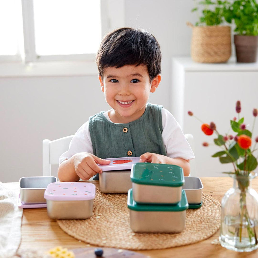 Lassig Stainless Steel Snackbox - Happy Rascals - 3 Pack - Green - Smile-Lunch Boxes-Green- | Natural Baby Shower