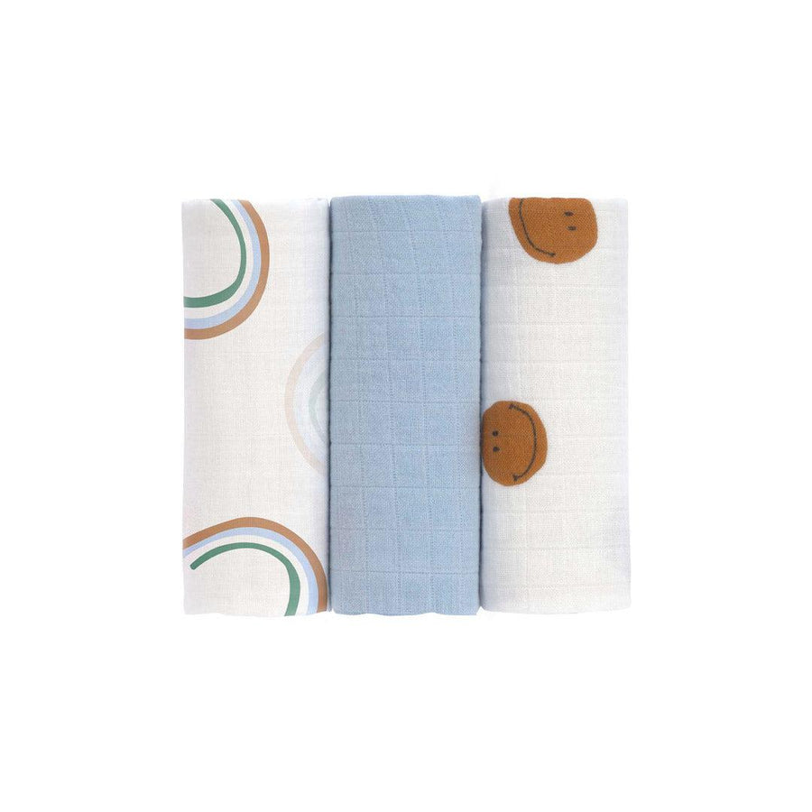 Lassig Swaddle & Burp Blanket - Happy Rascals - Sky Blue - Smiley-Blankets-Sky Blue-Medium | Natural Baby Shower