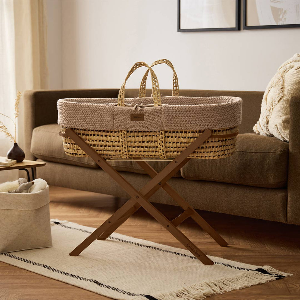 The Little Green Sheep Wheat Knit Moses Basket and Foldable Stand Bundle - Truffle / Walnut-Moses Baskets-Truffle / Walnut- | Natural Baby Shower
