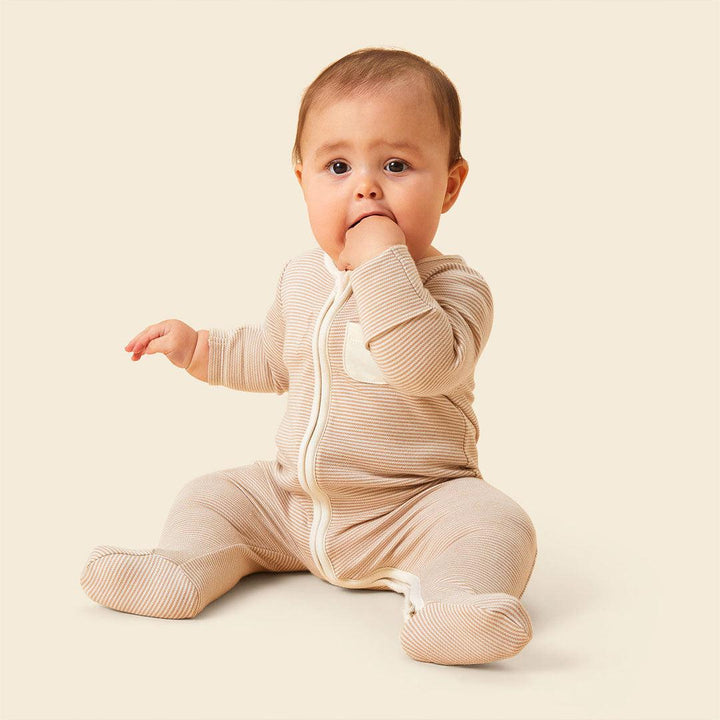 MORI Clever Zip Sleepsuit - Oatmeal Stripe-Sleepsuits-Oatmeal Stripe-0-3m | Natural Baby Shower