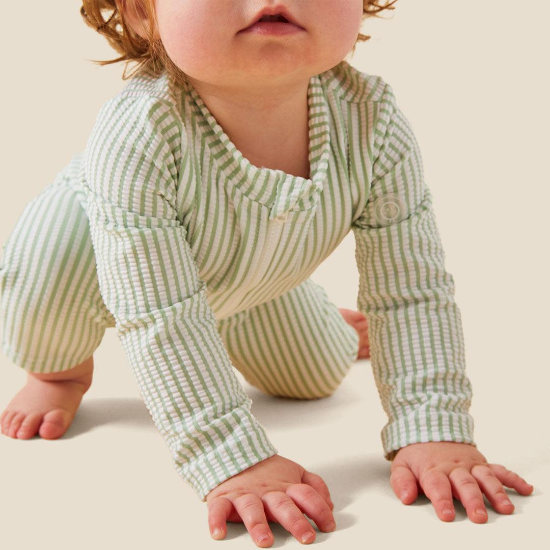 MORI Seersucker Sunsafe Swimsuit - Sage Stripe-Swimsuits-Sage Stripe-0-3m | Natural Baby Shower