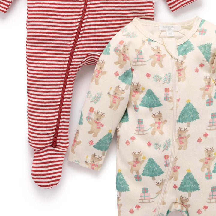 Purebaby 2 Pack Zip Sleepsuit - Deer Christmas Print-Sleepsuits-Deer Christmas Print-NB | Natural Baby Shower