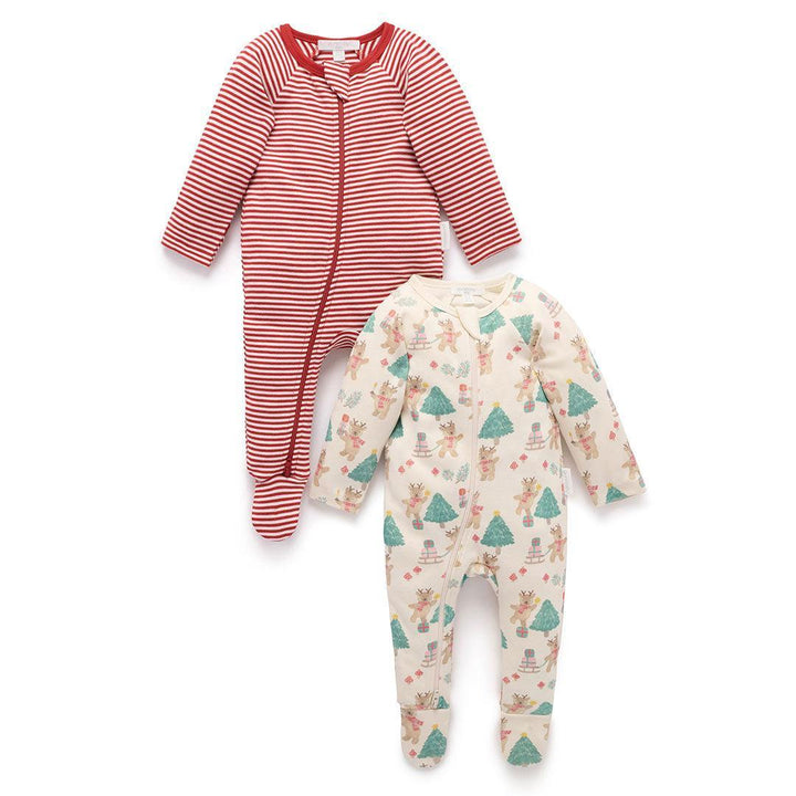 Purebaby 2 Pack Zip Sleepsuit - Deer Christmas Print-Sleepsuits-Deer Christmas Print-NB | Natural Baby Shower
