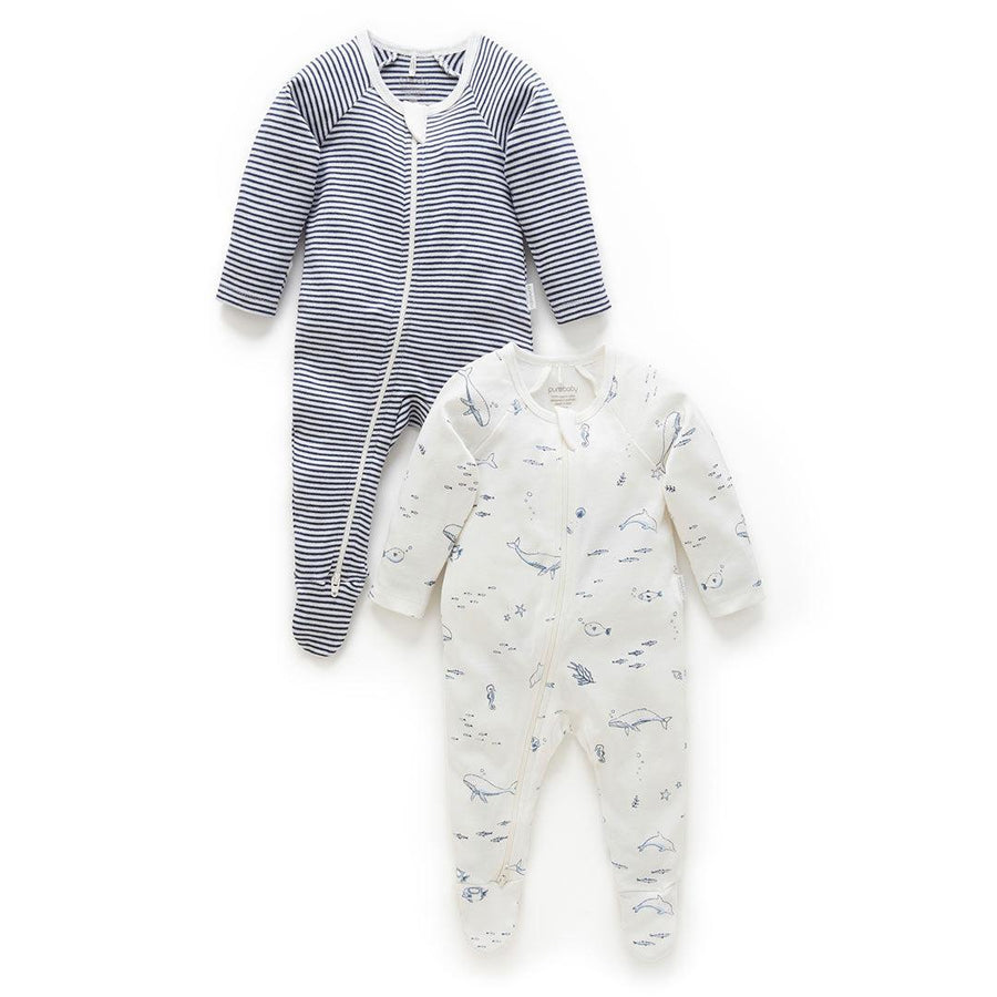 Purebaby 2 Pack Zip Sleepsuit - Vanilla Nautical Pack-Sleepsuits-Vanilla Nautical Pack-NB | Natural Baby Shower