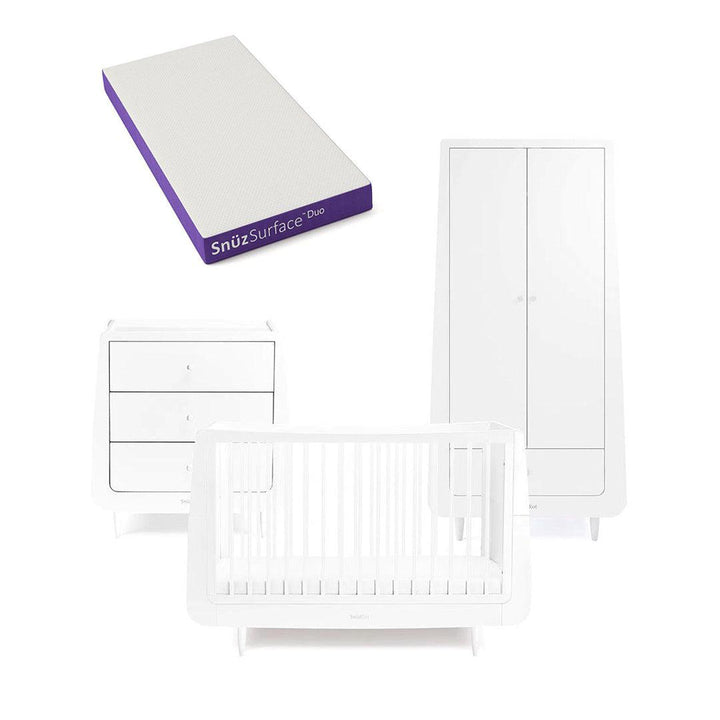 SnuzKot Skandi 3 Piece Nursery Furniture Set - White-Nursery Sets-White-Snuz Surface Duo Dual-Sided Cot Mattress | Natural Baby Shower