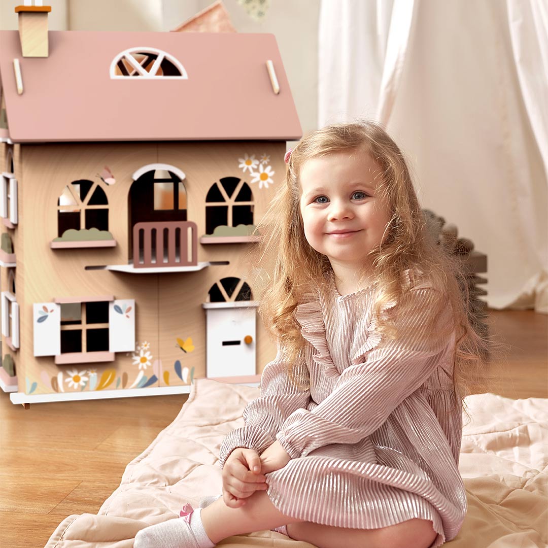 Speedy Monkey Flowers Cottage with Starter Set : (1 Character, 1 Table, 2 Chairs, 1 Sofa, 1 Coffee Table, 1 Carpet,2 Pillows)-Role Play- | Natural Baby Shower