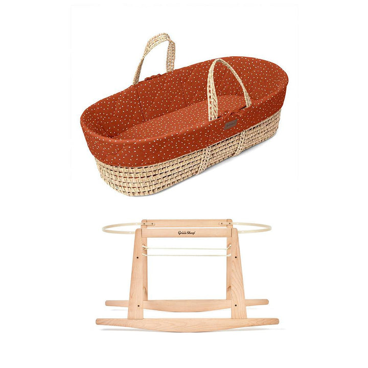 The Little Green Sheep Natural Quilted Moses Basket + Mattress - Terracotta Rice Print-Moses Baskets-Terracotta Rice Print-With Rocking Stand | Natural Baby Shower