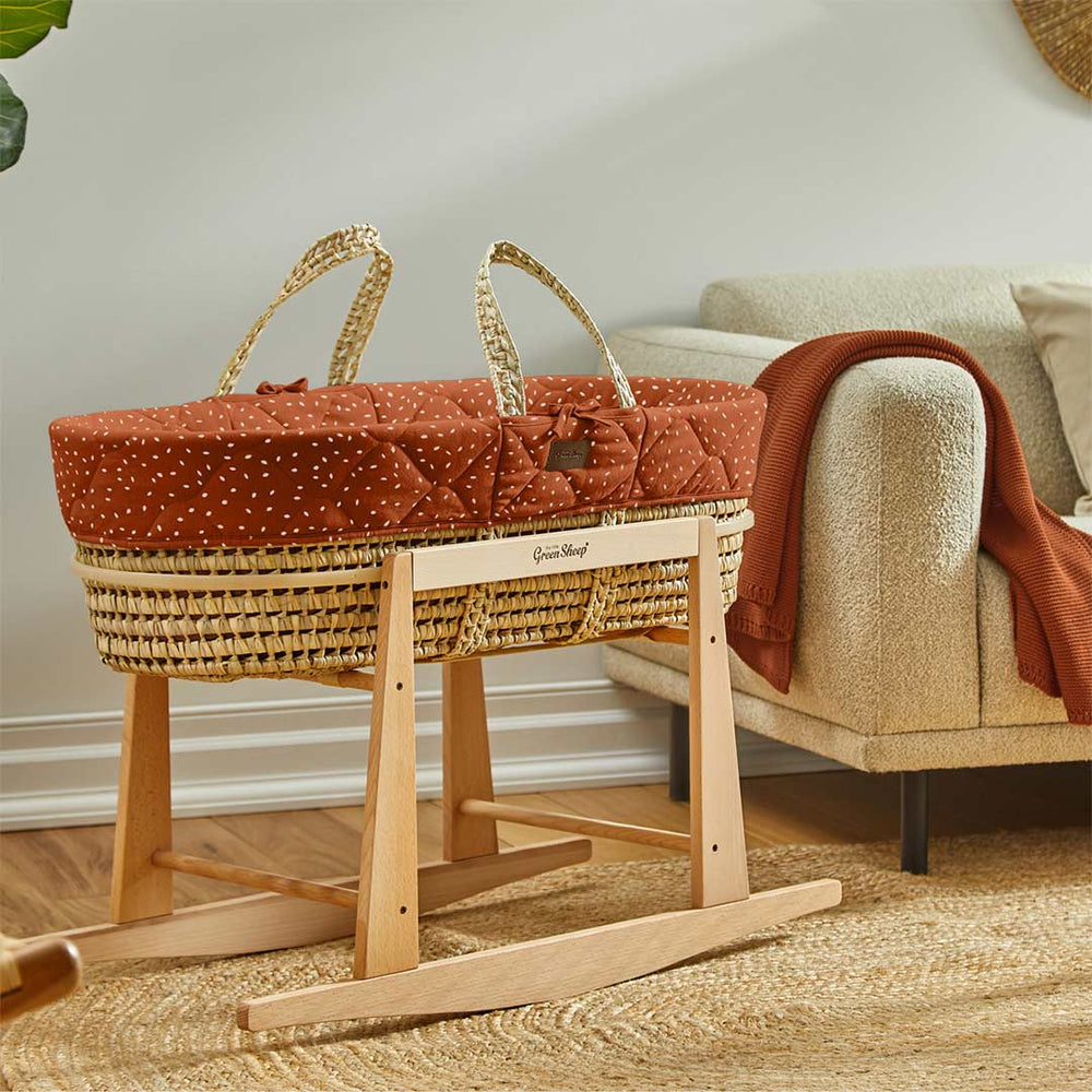 The Little Green Sheep Natural Quilted Moses Basket + Mattress - Terracotta Rice Print-Moses Baskets-Terracotta Rice Print-No Stand | Natural Baby Shower