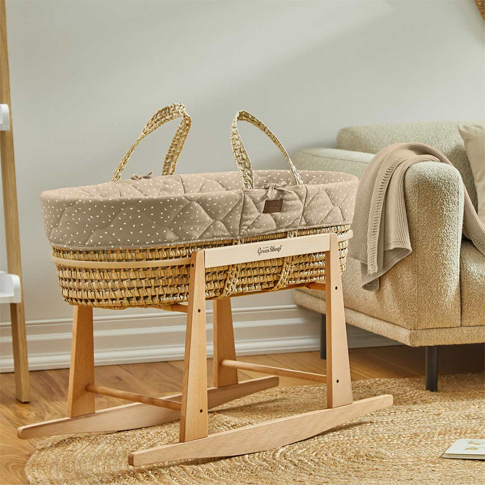 The Little Green Sheep Natural Quilted Moses Basket + Mattress - Truffle Rice Print-Moses Baskets-Truffle Rice Print-No Stand | Natural Baby Shower