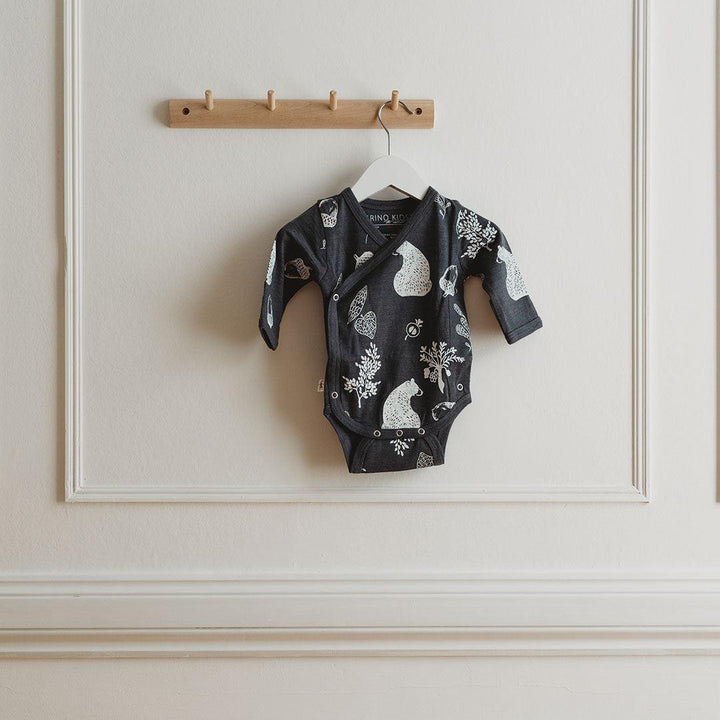 Merino Kids Cocooi Long Sleeve Kimono Bodysuit - Bear Print - Dark Slate-Bodysuits-Dark Slate-NB | Natural Baby Shower