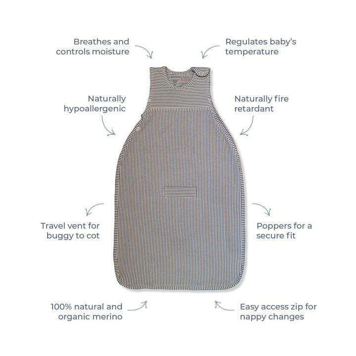 Merino Kids Go Go Sleeping Bag - Standard Weight - Navy Stripe-Sleeping Bags-3-24m-Navy Stripe | Natural Baby Shower