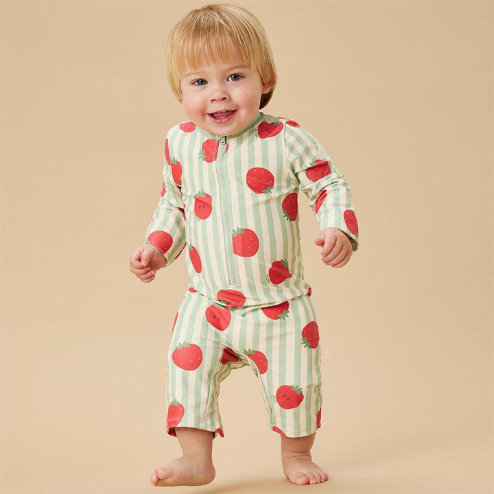 MORI Stripe Sun Safe Suit - Strawberry & Green Stripe-Swimsuits-Strawberry & Green Stripe-0-3m | Natural Baby Shower