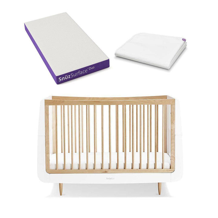 SnuzKot Skandi Cot Bed - Natural-Cot Beds-Snuz Surface Duo Dual-Sided Cot Mattress-With Mattress Protector | Natural Baby Shower