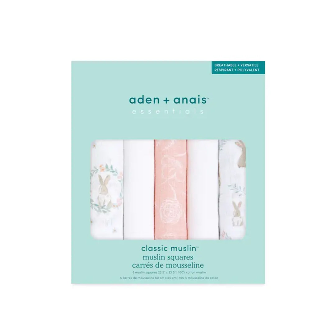 aden + anais Essentials Cotton Muslin Squares - 5 Pack - Blushing Bunnies