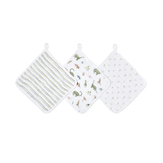 aden + anais Essentials Cotton Muslin Washcloths Set - 3 Pack - Dino Jungle-Washcloths-Dino Jungle- | Natural Baby Shower