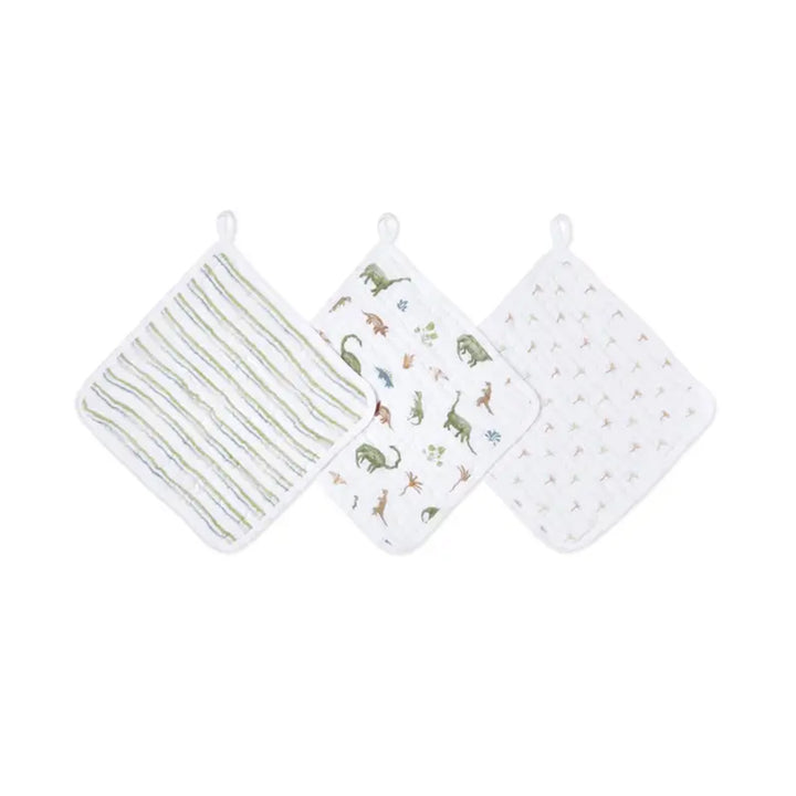 aden + anais Essentials Cotton Muslin Washcloths Set - 3 Pack - Dino Jungle