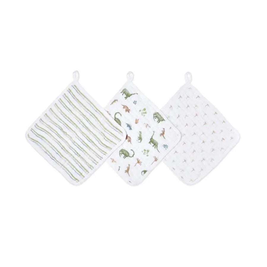 aden + anais Essentials Cotton Muslin Washcloths Set - 3 Pack - Dino Jungle-Washcloths-Dino Jungle- | Natural Baby Shower