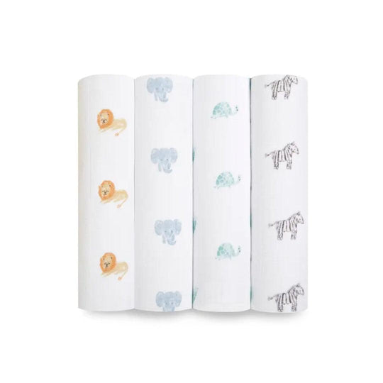 aden + anais Large Organic Cotton Muslin Swaddles 4pk - Animal Kingdom-Swaddling Wraps-Animal Kingdom-One Size | Natural Baby Shower