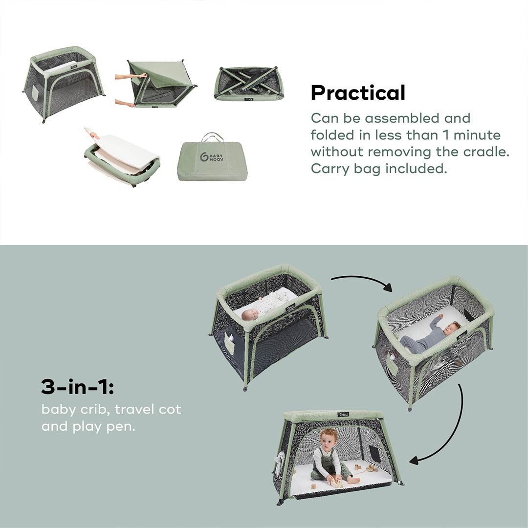 Babymoov Travel Cot 3 in 1 Moov & Comfy - Sage-Travel Cots-Sage- | Natural Baby Shower