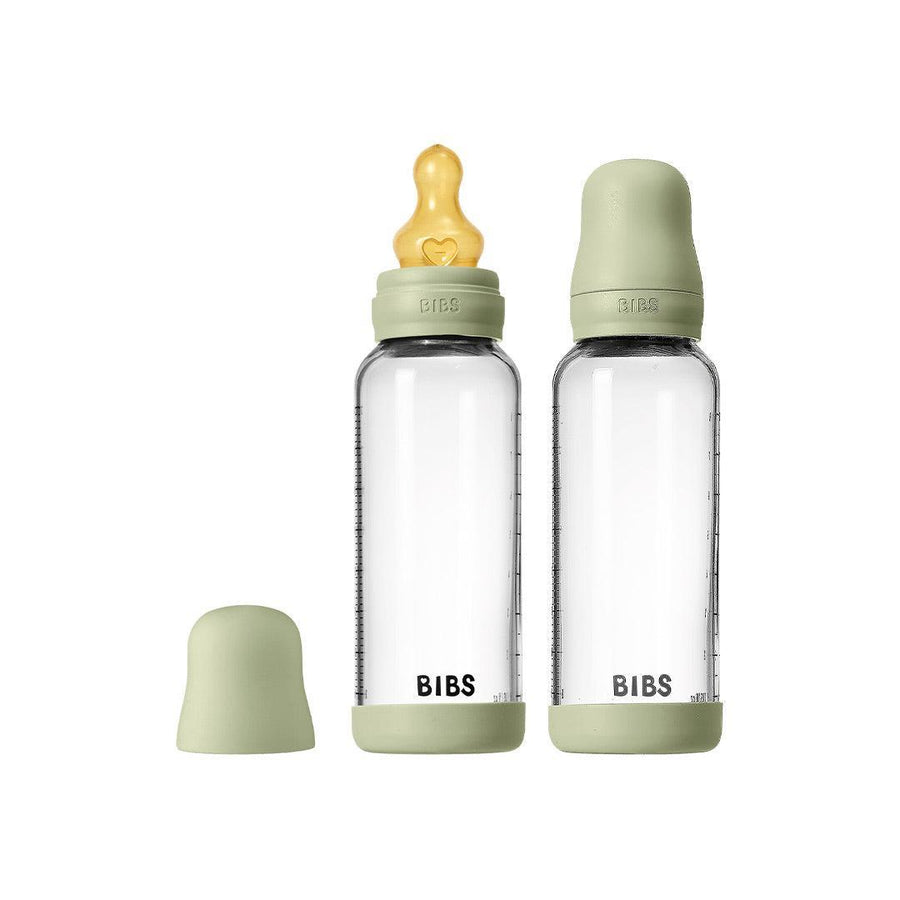 BIBS 2 Pack Medium Flow Glass Baby Bottle Round Latex - 240ml - Sage-Baby Bottles-Sage-240ml | Natural Baby Shower