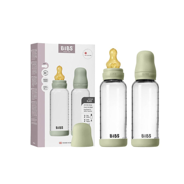BIBS 2 Pack Medium Flow Glass Baby Bottle Round Latex - 240ml - Sage-Baby Bottles-Sage-240ml | Natural Baby Shower