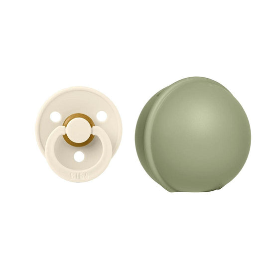 BIBS Colour Pacifier Round Latex & Pacifier Case Mini - Ivory/Sage-Pacifiers-Ivory/Sage-Size 1 | Natural Baby Shower