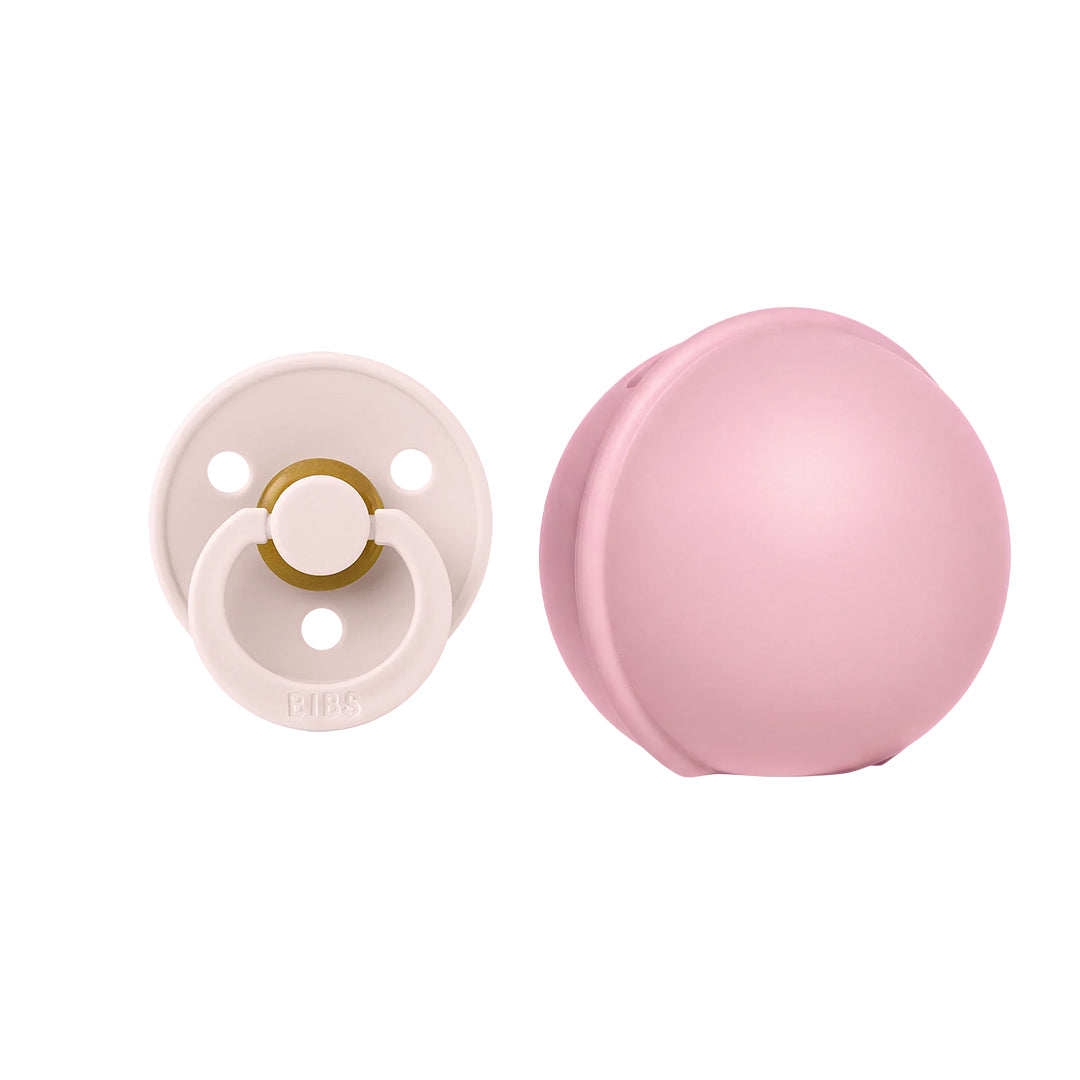 BIBS Colour Pacifier Round Latex & Pacifier Case Mini - Petal/Baby Pink
