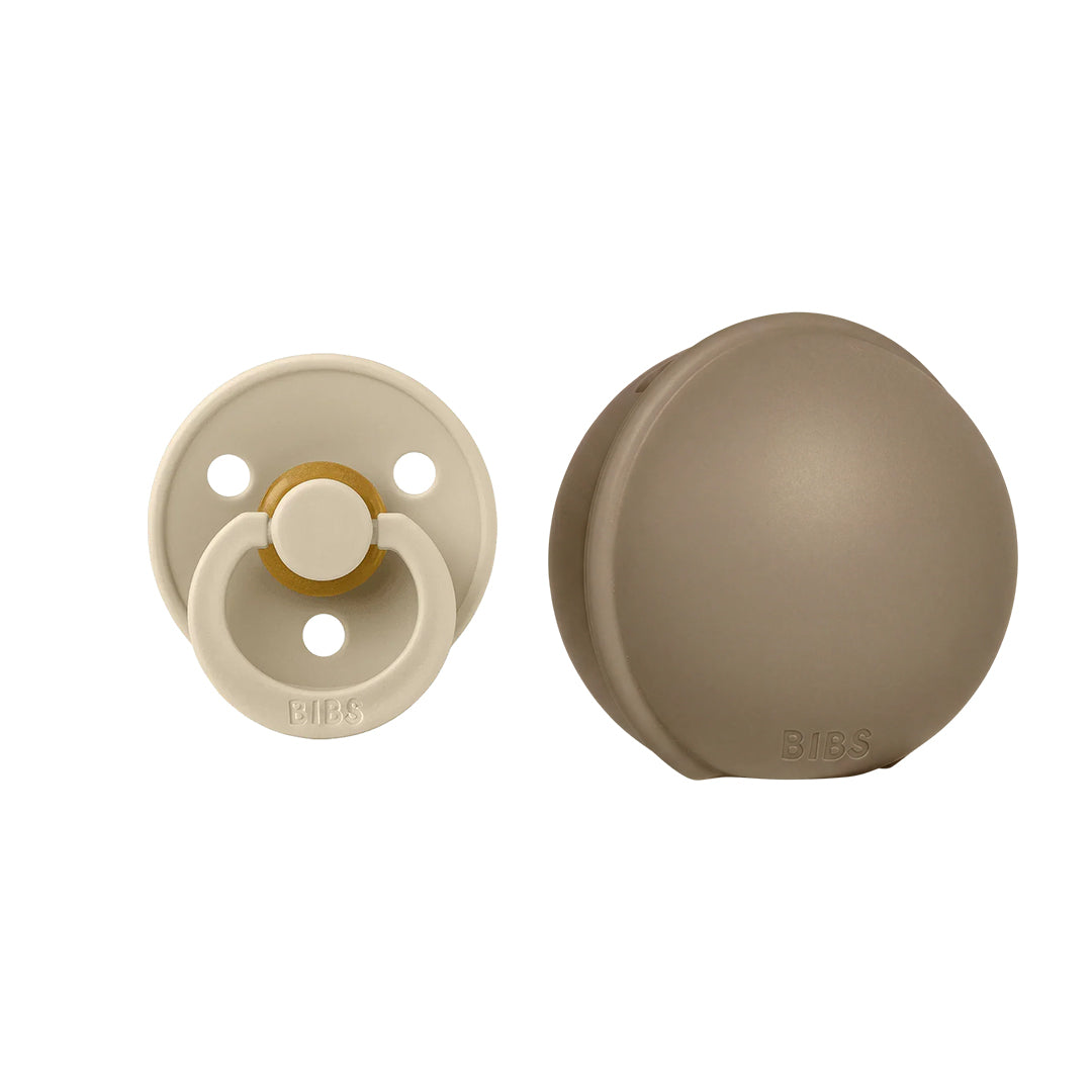 BIBS Colour Pacifier Round Latex & Pacifier Case Mini - Vanilla/Dark Oak