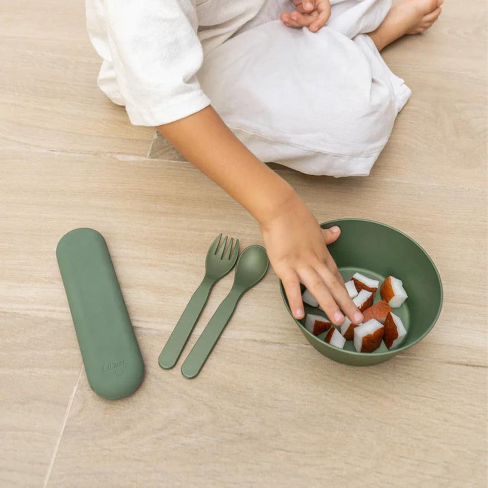 Citron 2 Piece Cutlery Set With Silicone Case - green-Cutlery-Dino- | Natural Baby Shower
