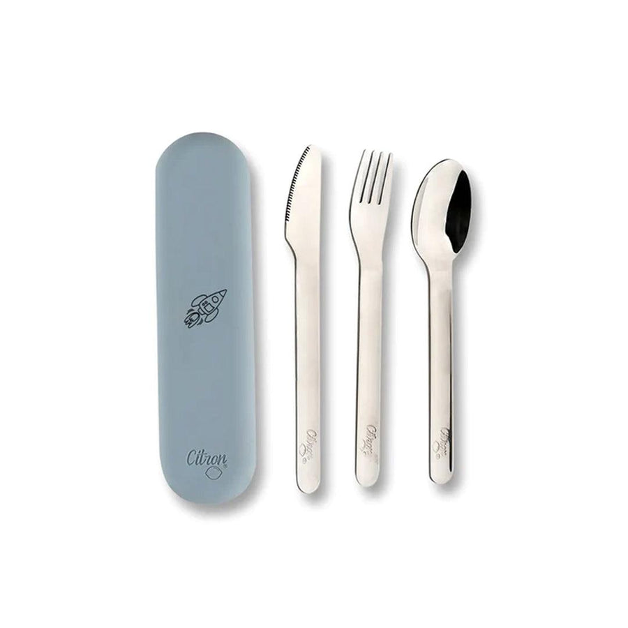 Citron 3 Piece Cutlery Set With Silicone Case - Dusty Blue-Cutlery-Dusty Blue- | Natural Baby Shower