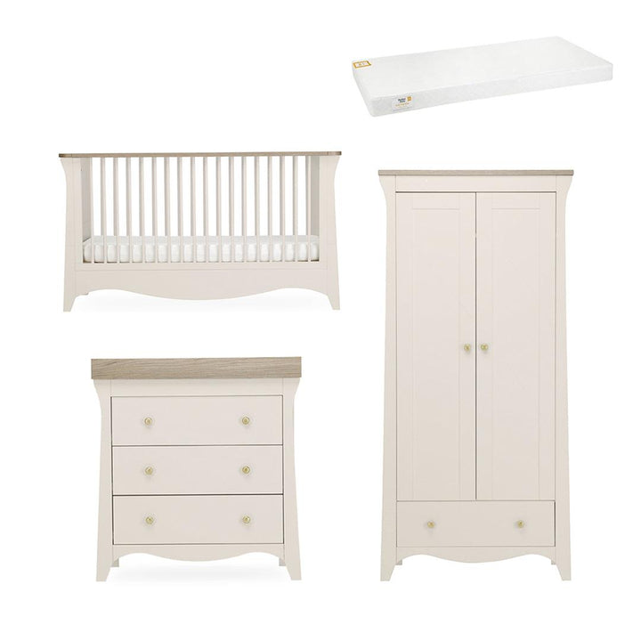 CuddleCo Clara 3 Piece Set Drawer Dresser Cot Bed + Wardrobe - Cashmere-Nursery Sets-Cashmere-Pure Gold Anti Allergy Coir Pocket Sprung Cot Bed Mattress | Natural Baby Shower