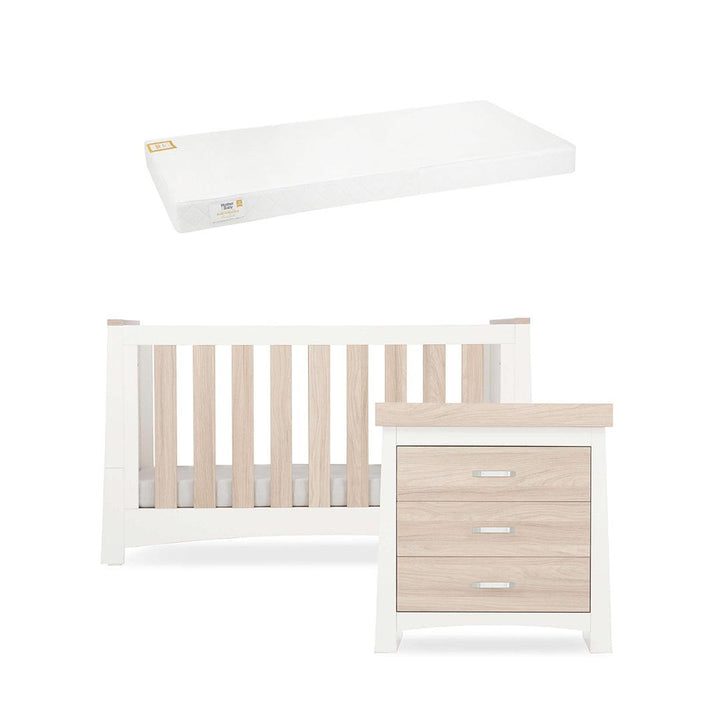 CuddleCo Ada 2 Piece Set 3-Drawer Dresser Cot Bed - White/Ash-Nursery Sets-White/Ash-Pure Gold Anti Allergy Coir Pocket Sprung Cot Bed Mattress | Natural Baby Shower