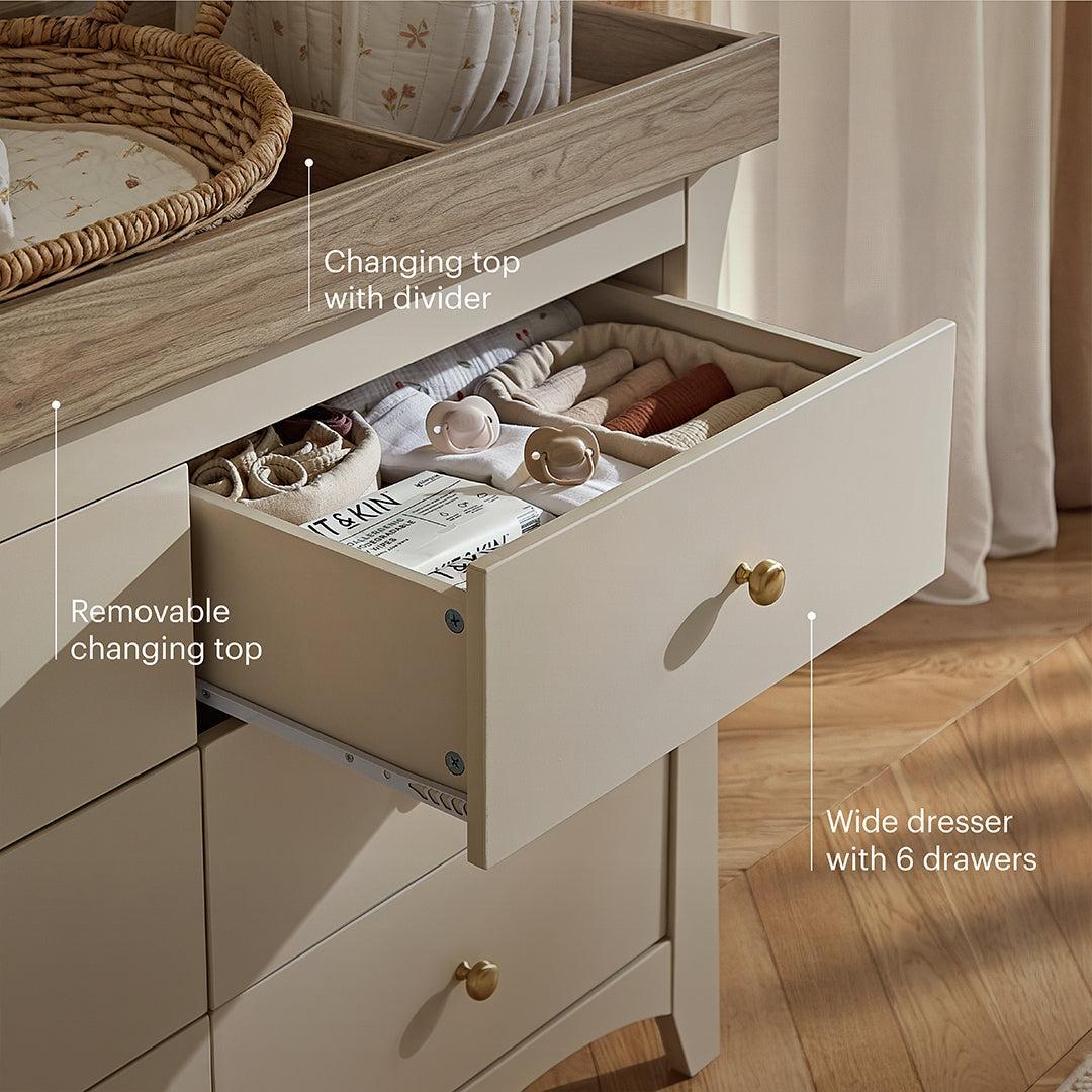 CuddleCo Clara Wide 6 Draw Dresser Changer - Cashmere/Ash-Changing Units-Cashmere/Ash- | Natural Baby Shower
