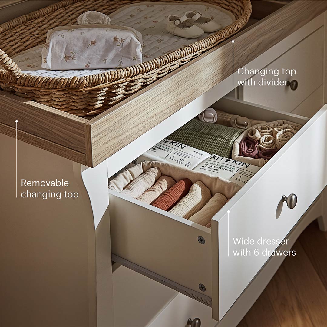 CuddleCo Clara Wide 6 Draw Dresser Changer - White/Ash-Changing Units-White/Ash- | Natural Baby Shower