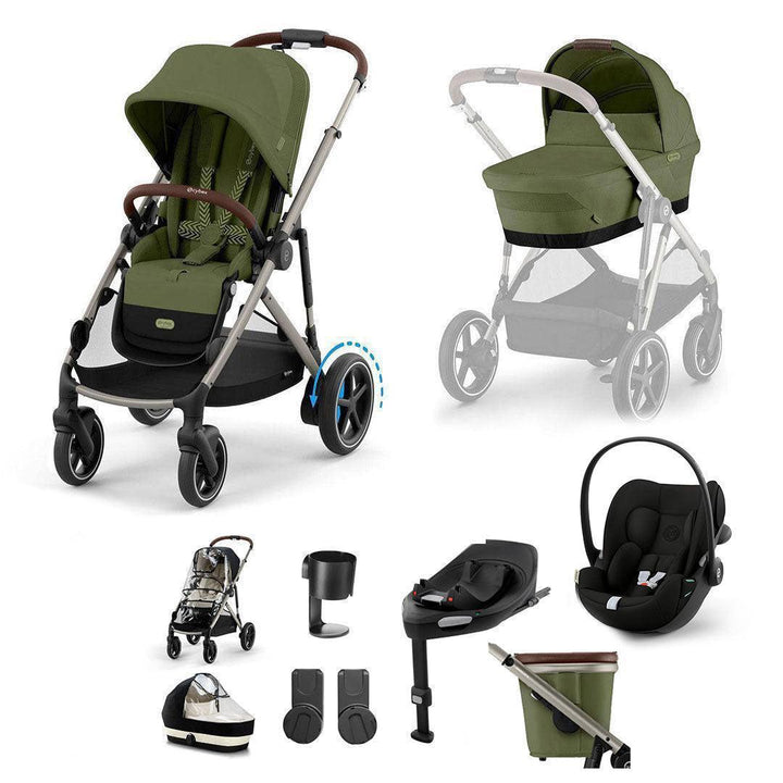 CYBEX e-Gazelle S + Cloud G3 Travel System-Travel Systems-Moss Green-With Base | Natural Baby Shower