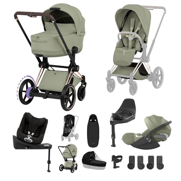 CYBEX e-PRIAM Fold Cot Newborn to Toddler Travel System Bundle - Style-Travel Systems-Sage Green-Rose Gold | Natural Baby Shower