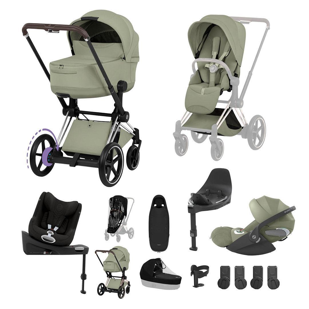 CYBEX e-PRIAM Fold Cot Newborn to Toddler Travel System Bundle - Style-Travel Systems-Sage Green-Chrome Brown | Natural Baby Shower