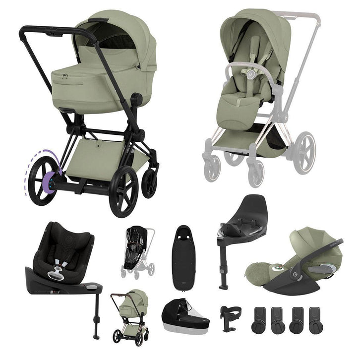 CYBEX e-PRIAM Fold Cot Newborn to Toddler Travel System Bundle - Style-Travel Systems-Sage Green-Matt Black | Natural Baby Shower
