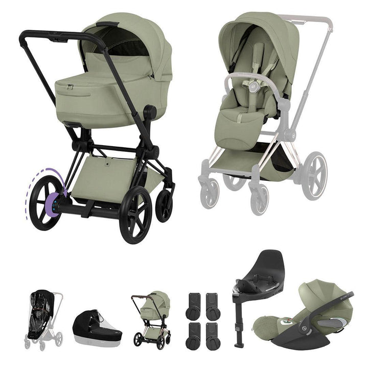 CYBEX e-PRIAM Fold Cot Travel System Bundle - Style-Travel Systems-Sage Green-Matt Black | Natural Baby Shower