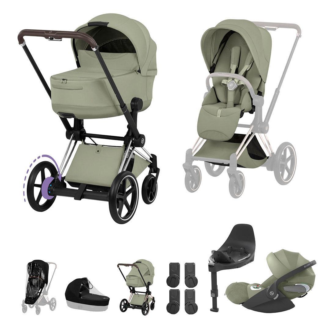 CYBEX e-PRIAM Fold Cot Travel System Bundle - Style-Travel Systems-Sage Green-Chrome Brown | Natural Baby Shower