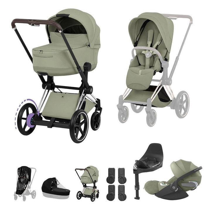 CYBEX e-PRIAM Fold Cot Travel System Bundle - Style-Travel Systems-Sage Green-Chrome Brown | Natural Baby Shower