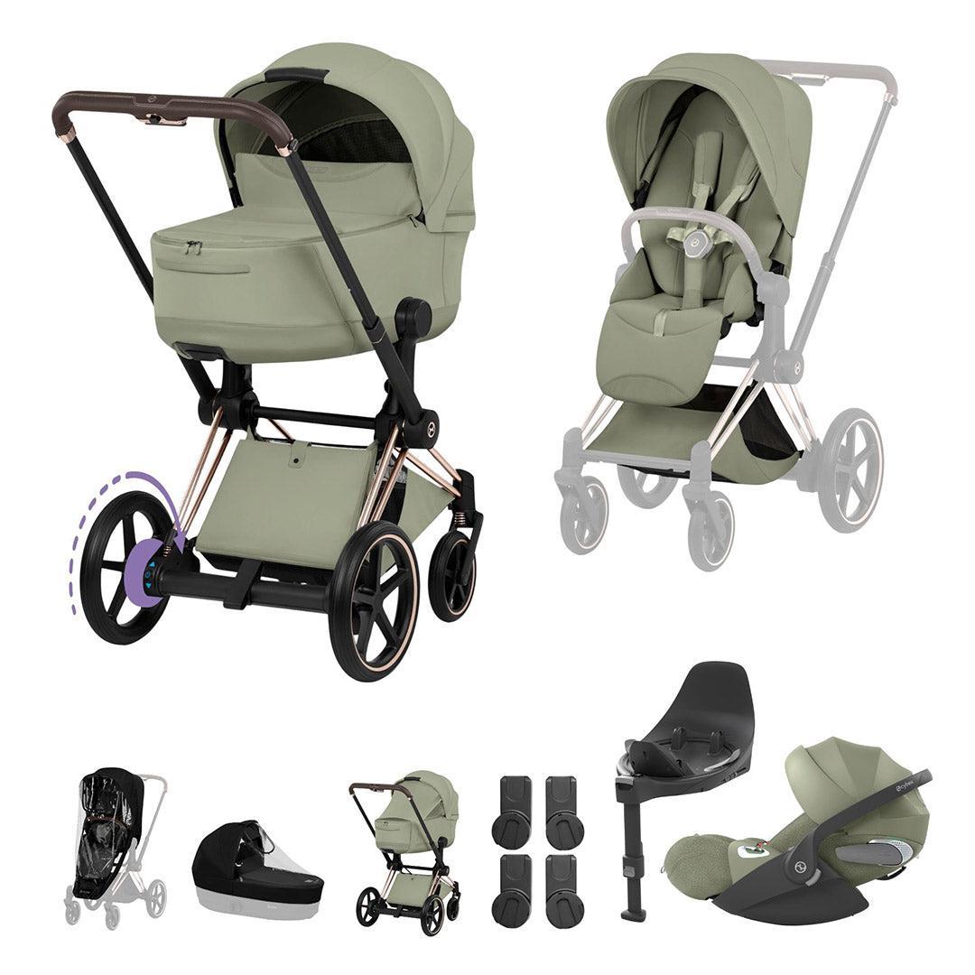 CYBEX e-PRIAM Fold Cot Travel System Bundle - Style-Travel Systems-Sage Green-Rose Gold | Natural Baby Shower