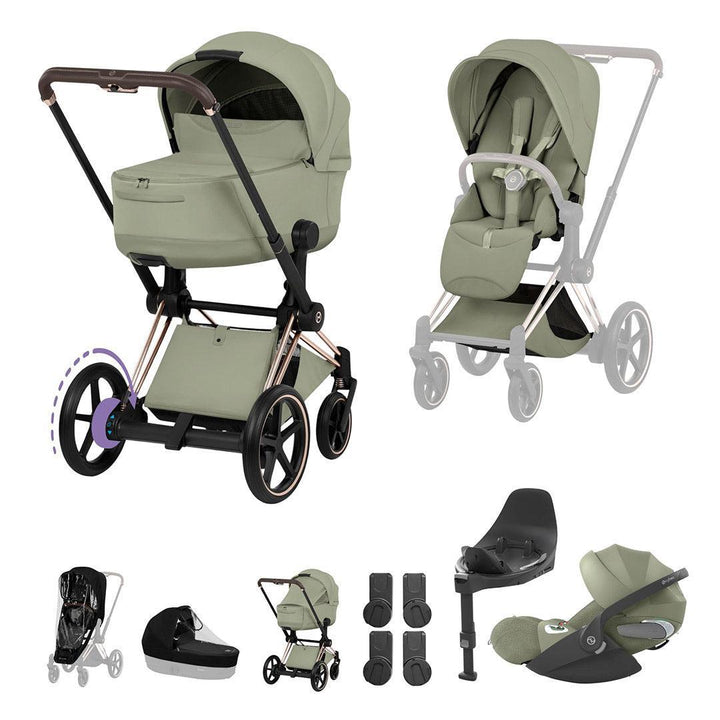CYBEX e-PRIAM Fold Cot Travel System Bundle - Style-Travel Systems-Sage Green-Rose Gold | Natural Baby Shower