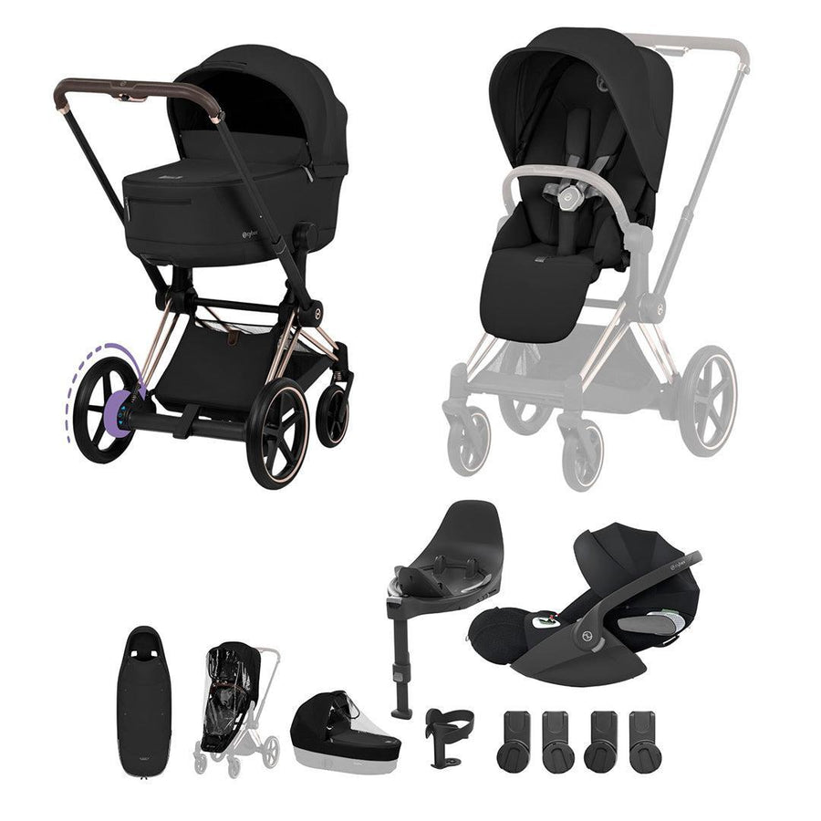 Cybex e-Priam Ultimate Accessory Bundle - Comfort Collection-Travel Systems-Sepia Black/Rose Gold-With Base | Natural Baby Shower