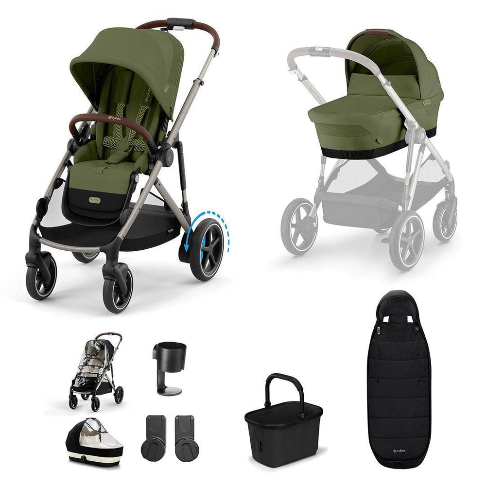 CYBEX e-Gazelle S Essential Pushchair Bundle-Stroller Bundles-Moss Green-Gold Footmuff | Natural Baby Shower